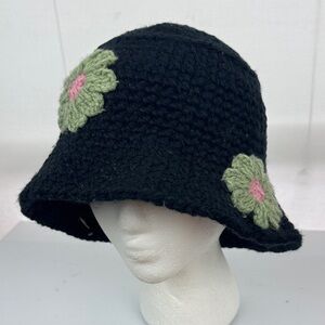 Cozy Black Knit Crochet Bucket Hat with Green Floral Details Handmade